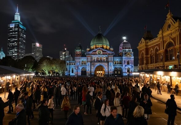 Crowds gather at Federation Square under colorful light projections during Melbourne’s Winter Festival 2025, with Flinders Street Station in the background.