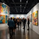 Visitors admire a vibrant Indigenous painting by Tarni Jarvis at the Melbourne Art Fair 2025, held at the Melbourne Convention and Exhibition Centre.