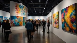 Visitors admire a vibrant Indigenous painting by Tarni Jarvis at the Melbourne Art Fair 2025, held at the Melbourne Convention and Exhibition Centre.