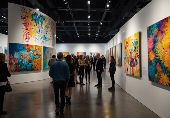 Visitors admire a vibrant Indigenous painting by Tarni Jarvis at the Melbourne Art Fair 2025, held at the Melbourne Convention and Exhibition Centre.