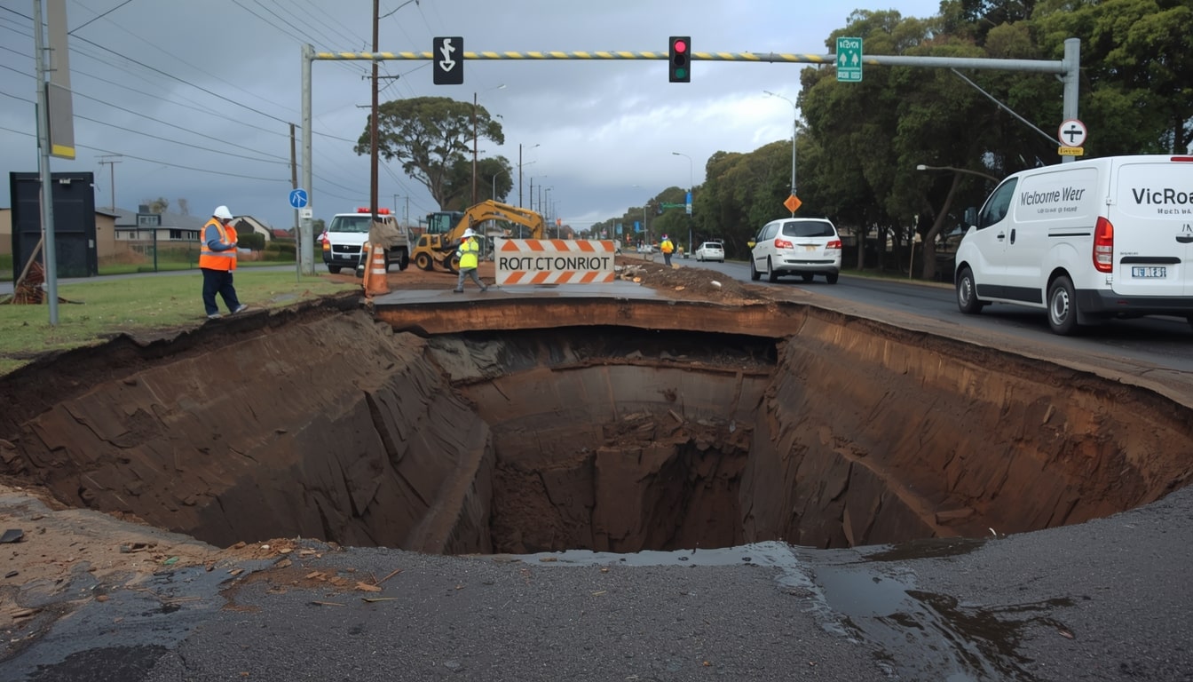 Large sinkhole on Fairbairn Road in Melbourne's Sunshine West disrupting traffic on December 30, 2025, with emergency crews and heavy machinery conducting repairs near Anderson Road intersection amid urban infrastructure issues.