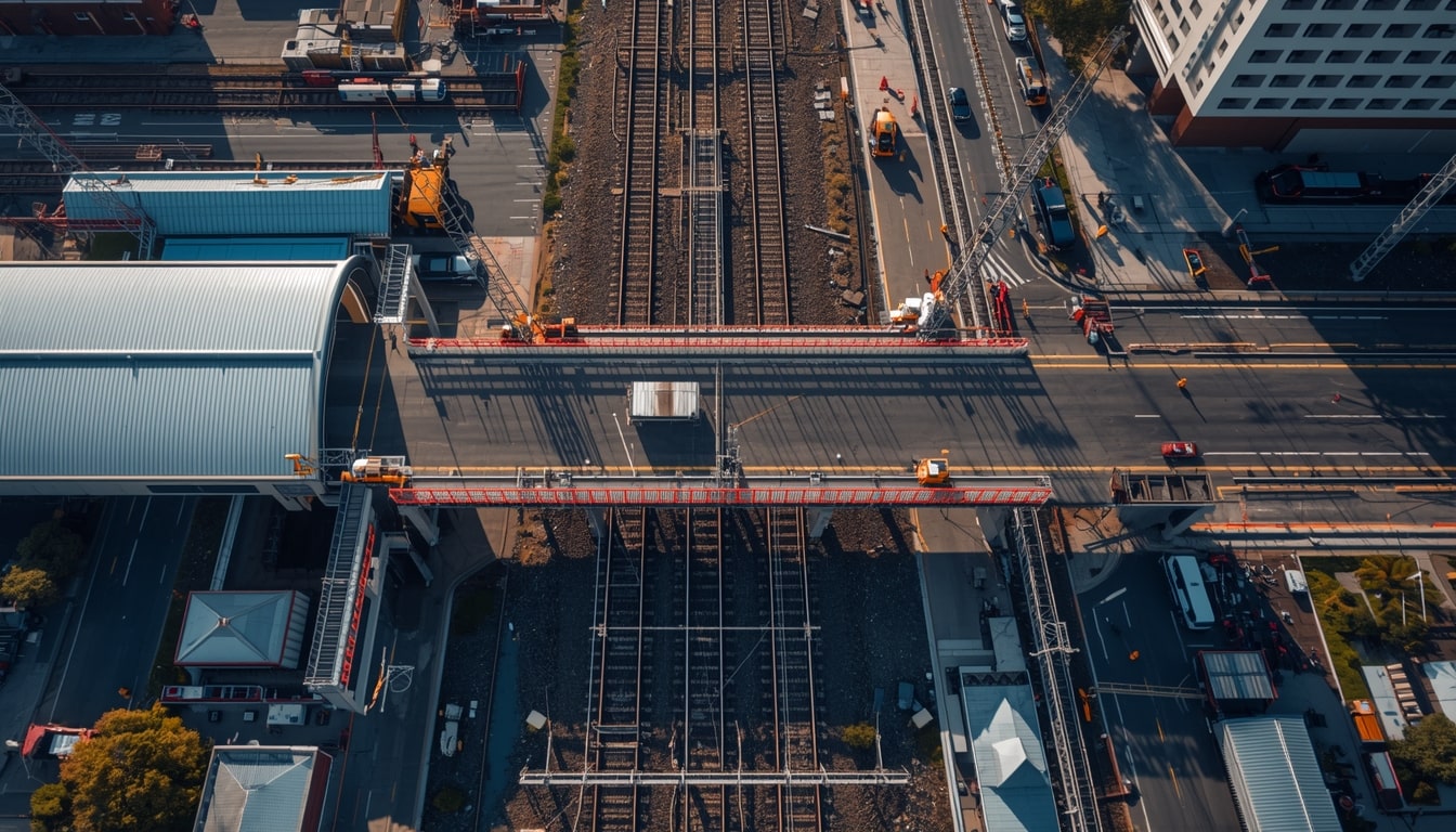 Aerial view of construction on Melton Line upgrade in Melbourne's western suburbs, showing new rail bridges and platforms to improve public transport and reduce commute times under Victoria's Big Build initiative.