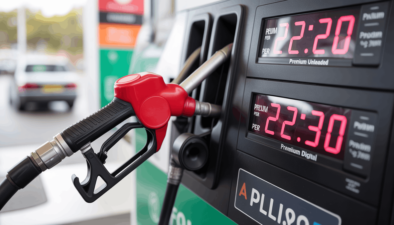 Fuel pump nozzle filling car at Melbourne petrol station with high unleaded and diesel prices displayed on digital sign in Victoria Australia