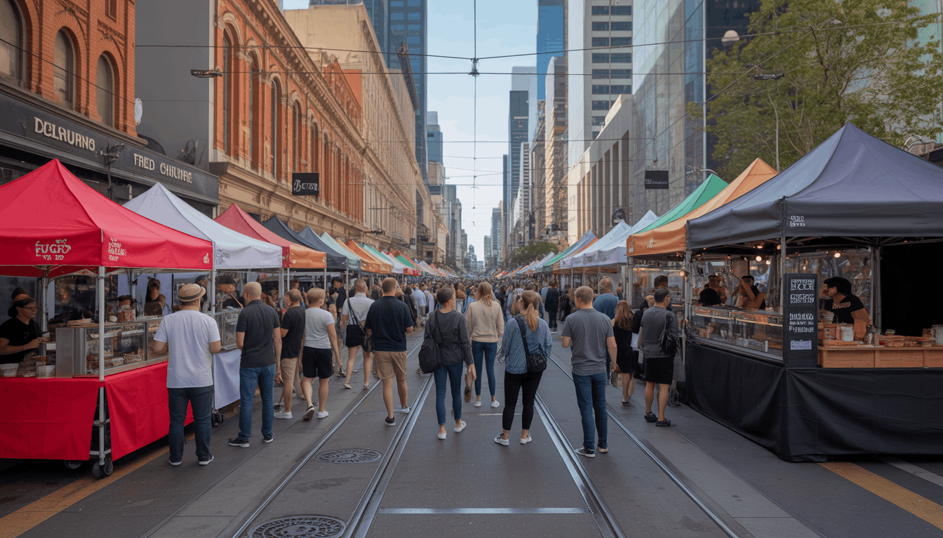 Vibrant Melbourne Street Food Festival 2026 in historic laneways Degraves Street and Hardware Lane with record crowds enjoying Thai Korean Italian food stalls live music autumn 2026