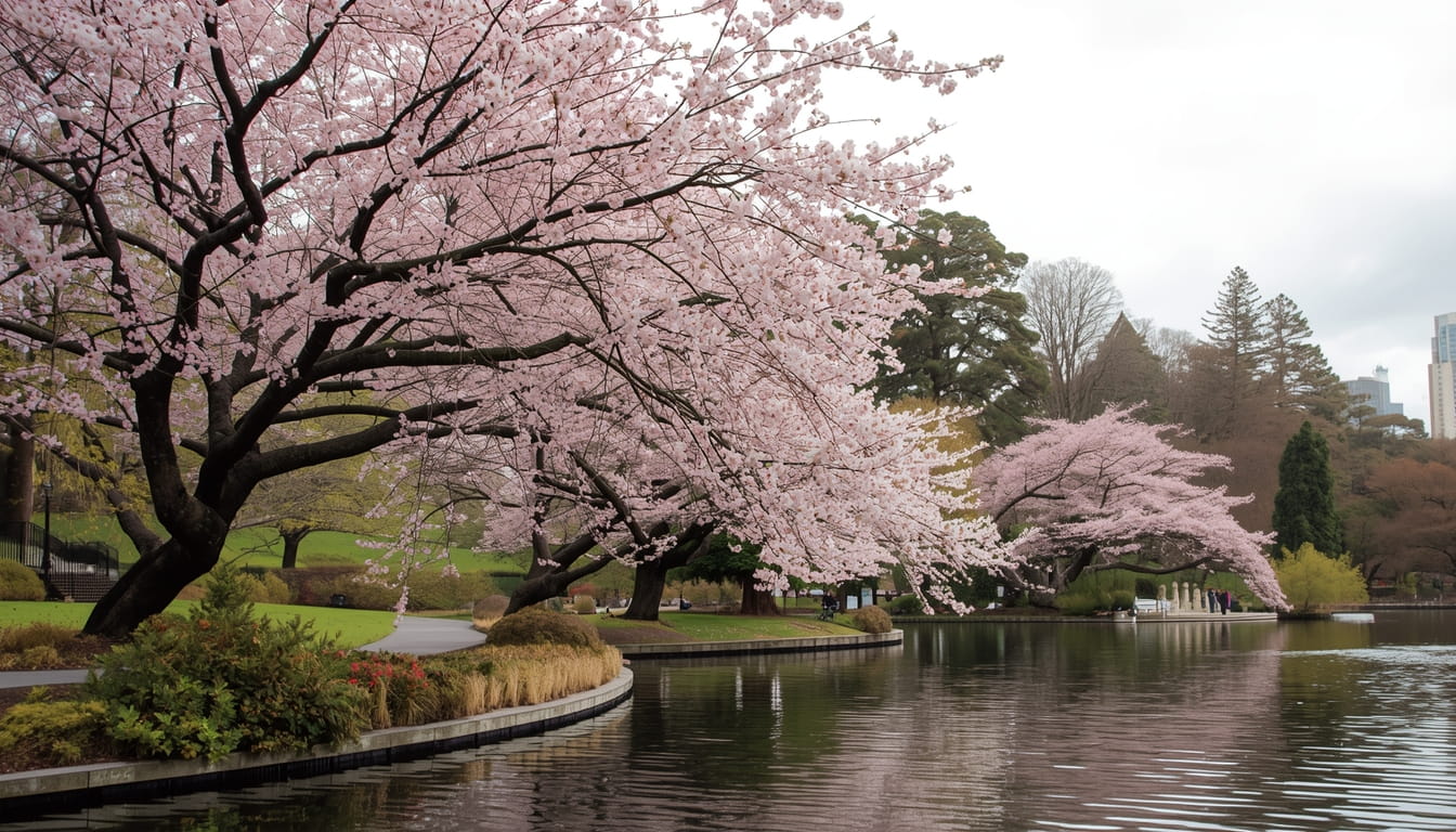 Vibrant pink cherry blossom trees in full bloom at Melbourne Royal Botanic Gardens autumn 2026 with record crowds under blue sky