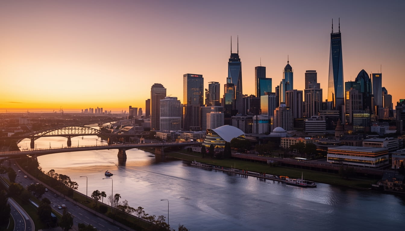 Melbourne city skyline at dusk with Yarra River, skyscrapers, and evening lights reflecting on water in Victoria, Australia