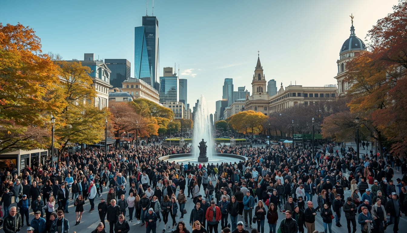 Thousands of happy tourists and locals enjoying sunny autumn weather at bustling Federation Square Melbourne March 2026 with record tourism numbers and full cafes