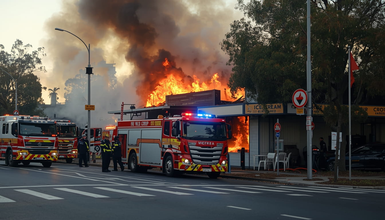 Firefighters tackling intense suspected arson fire at popular Williamstown ice cream shop on Nelson Place Melbourne waterfront early Sunday morning March 2026