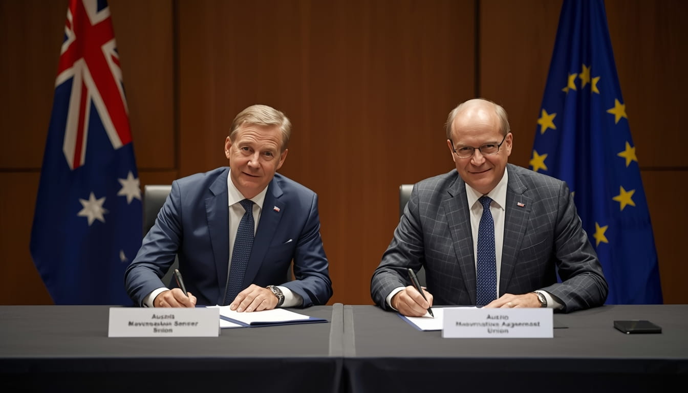 Australia and European Union flags side by side during the signing of the historic free trade deal that eliminates tariffs on 90% of goods and boosts bilateral trade by $25 billion
