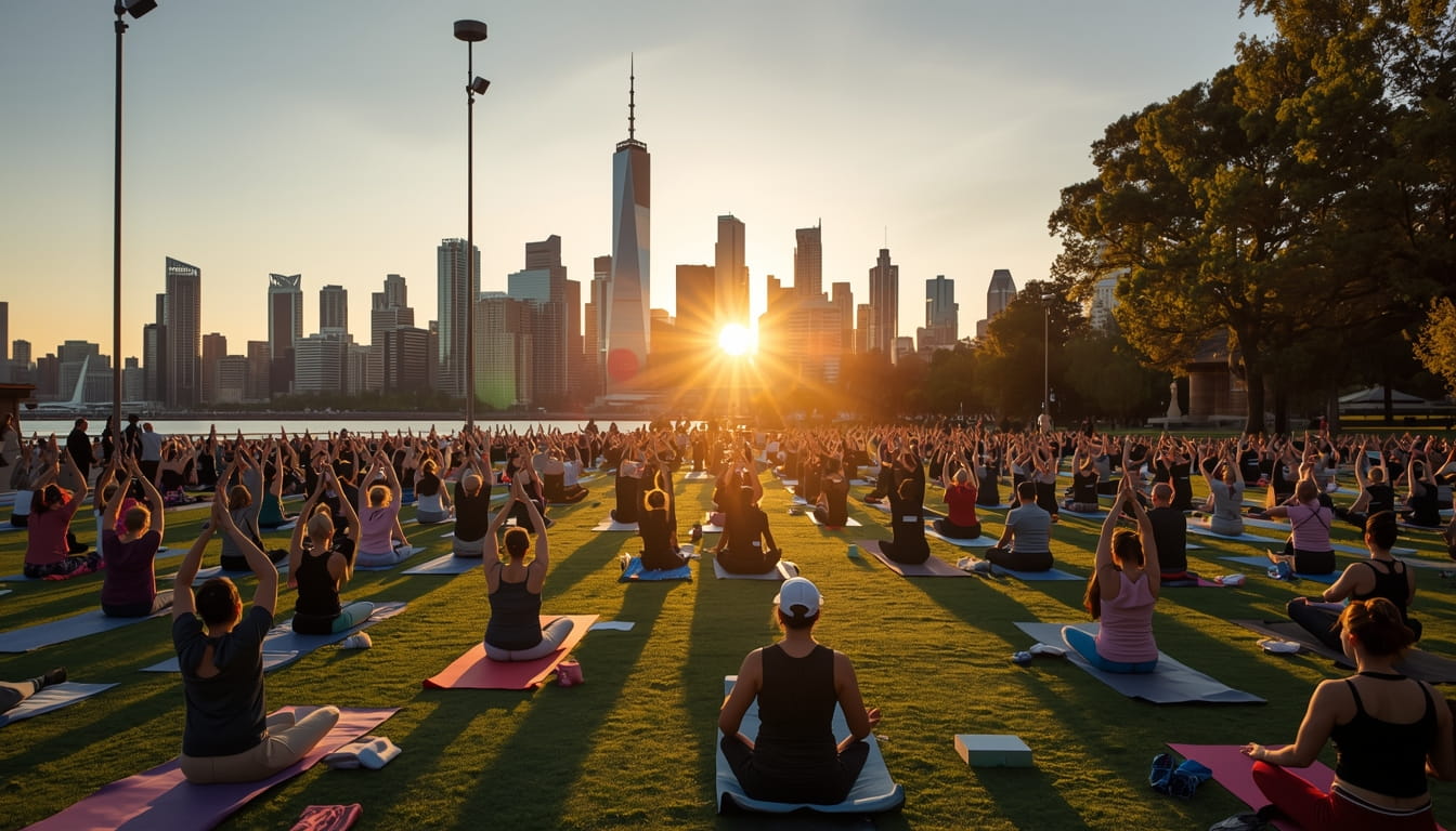 Over 4500 people practising free outdoor yoga at Birrarung Marr Melbourne 2026 with stunning Yarra River and city skyline views during perfect 18-degree autumn sunrise session