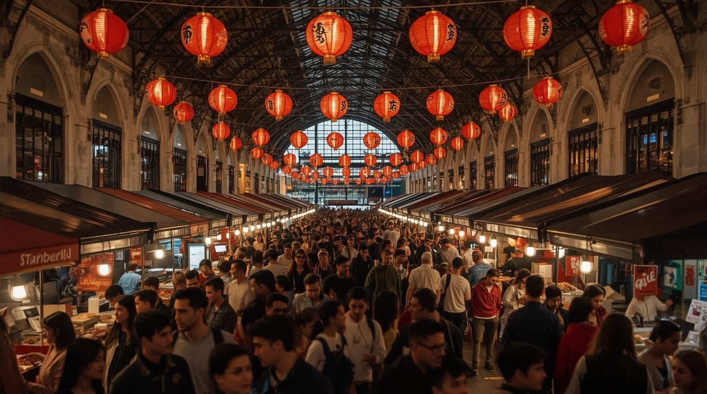 Hawker 88 Night Market at Queen Victoria Market Melbourne opening night 2026 with Asian street food stalls glowing lanterns and crowds